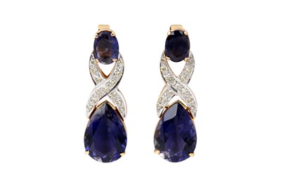 Lot 29 - A PAIR OF DEEP BLUE IOLITE AND DIAMOND GOLD EARRINGS.