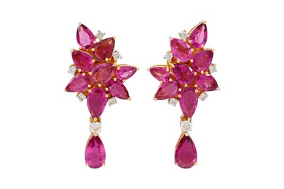 Lot 27 - A PAIR OF PINK TOURMALINE AND DIAMOND GOLD COCKTAIL EARRINGS.