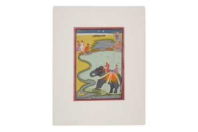Lot 42 - A NOBLE RAJPUT FIGURE RIDING AN ELEPHANT ACROSS A RIVER