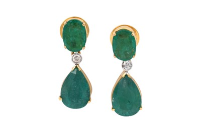 Lot 19 - A PAIR OF EMERALD AND DIAMOND 14K GOLD EARRINGS.
