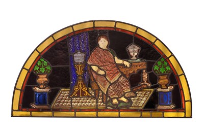Lot 4 - TWO STAINED GLASS WINDOWS WITH EUROPEAN-STYLE INTERIOR SCENES