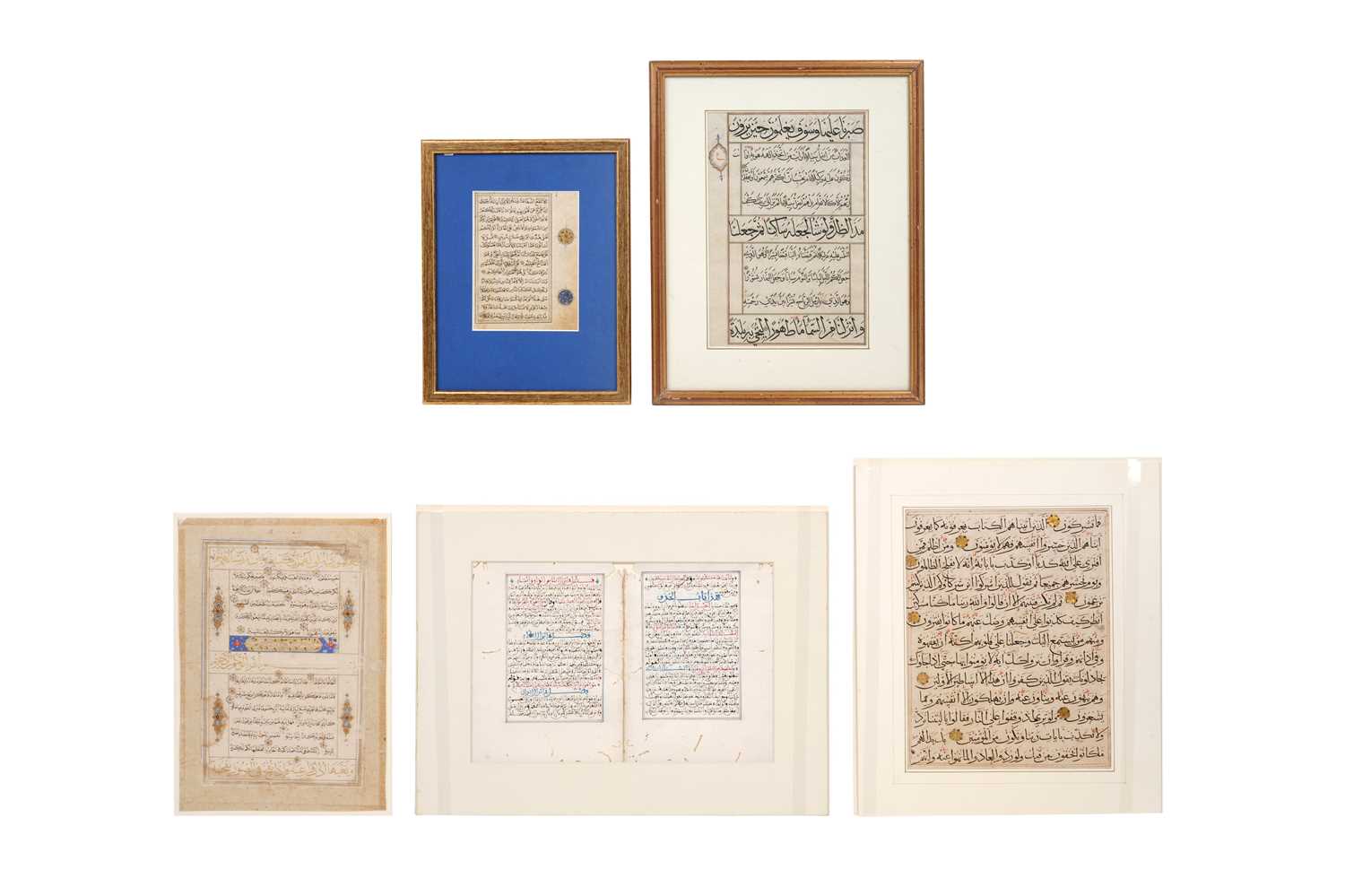 Lot 64 - FOUR ILLUMINATED LOOSE QUR’AN FOLIOS AND A MAGHRIBI BIFOLIO