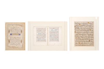 Lot 64 - FOUR ILLUMINATED LOOSE QUR’AN FOLIOS AND A MAGHRIBI BIFOLIO