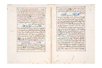 Lot 64 - FOUR ILLUMINATED LOOSE QUR’AN FOLIOS AND A MAGHRIBI BIFOLIO