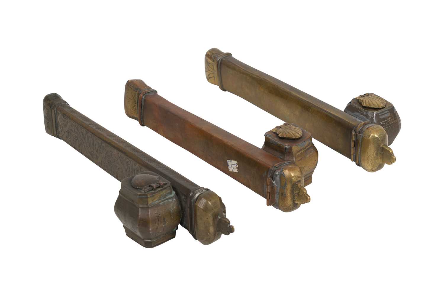Lot 68 - THREE ISLAMIC BRASS PEN CASES WITH INKWELLS (DAWAT)