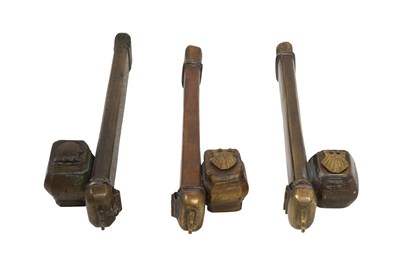 Lot 68 - THREE ISLAMIC BRASS PEN CASES WITH INKWELLS (DAWAT)