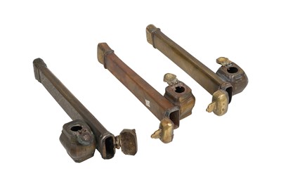 Lot 68 - THREE ISLAMIC BRASS PEN CASES WITH INKWELLS (DAWAT)