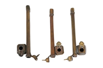 Lot 68 - THREE ISLAMIC BRASS PEN CASES WITH INKWELLS (DAWAT)