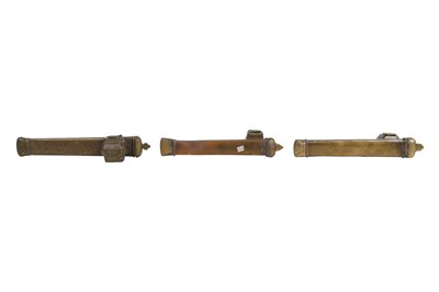 Lot 68 - THREE ISLAMIC BRASS PEN CASES WITH INKWELLS (DAWAT)