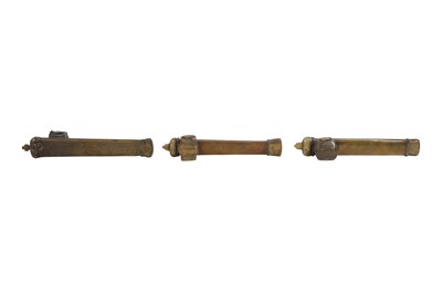 Lot 68 - THREE ISLAMIC BRASS PEN CASES WITH INKWELLS (DAWAT)