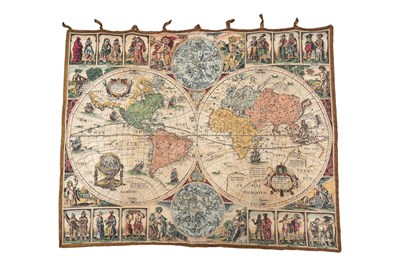 Lot 60 - A QUILTED FRENCH TAPESTRY WALL HANGING WITH 1652 ANTIQUE WORLD MAP