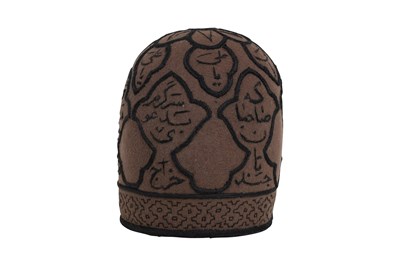 Lot 153 - AN EMBROIDERED BROWN FELT SUFI HAT