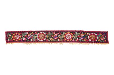 Lot 163 - A LONG UZBEK SUZANI EMBROIDERED TENT PANEL / WALL HANGING WITH BIRDS AND FLOWERS
