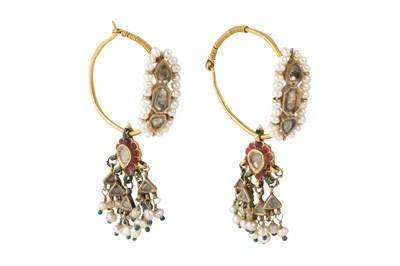 Lot 260 - A PAIR OF INDIAN GOLD HOOP EARRINGS WITH PEARLS AND RUBIES