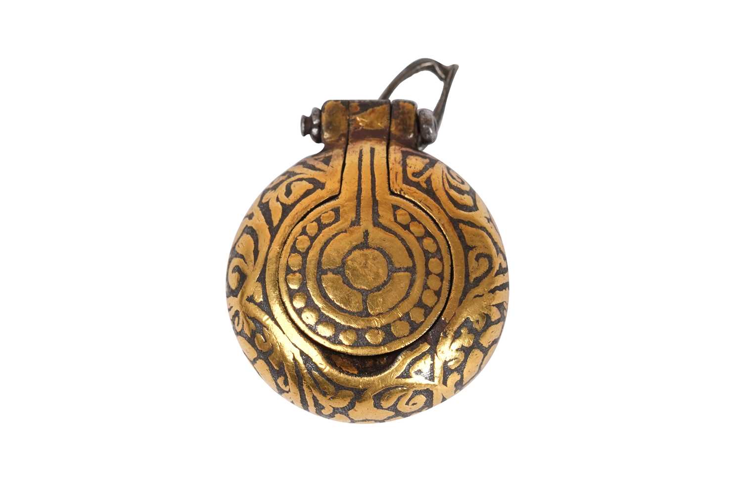 Lot 179 - A GOLD-DAMASCENED (KOFTEGARI) STEEL LIME PASTE CONTAINER
