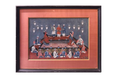 Lot 167 - A REVERSE GLASS PAINTING OF AN INDIAN MUSICAL GATHERING IN A PALACE INTERIOR
