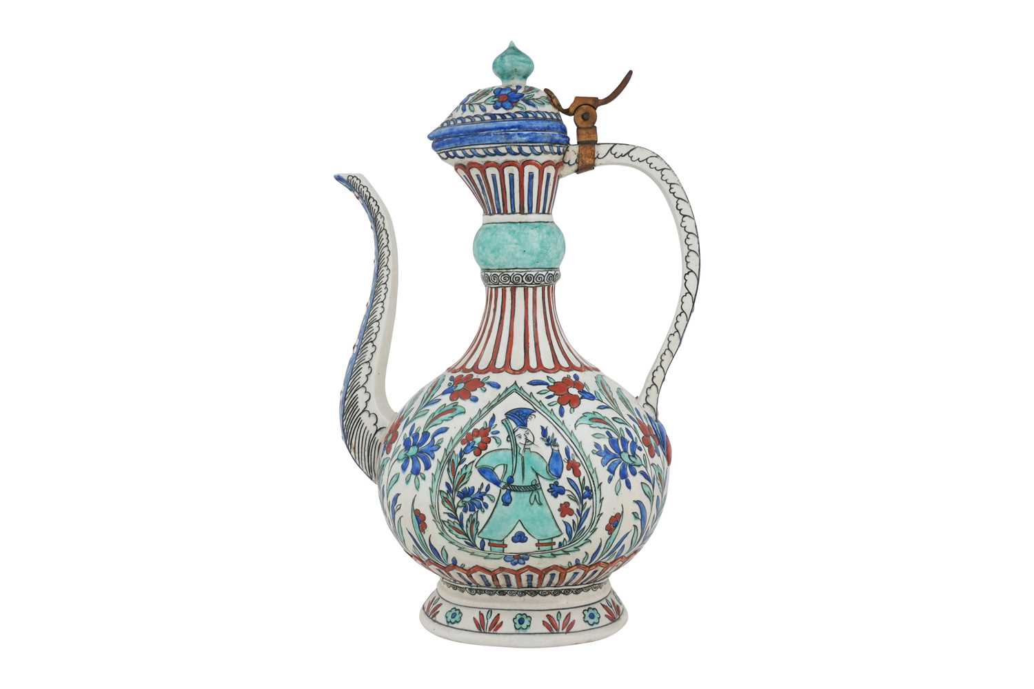 Lot 127 - A SAMSON IZNIK-STYLE POTTERY EWER WITH OTTOMAN JANISSARY AND ARCHITECTURE