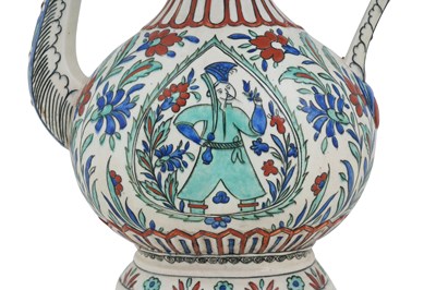 Lot 127 - A SAMSON IZNIK-STYLE POTTERY EWER WITH OTTOMAN JANISSARY AND ARCHITECTURE