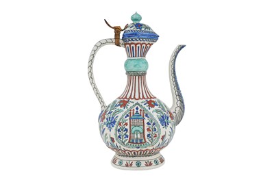 Lot 127 - A SAMSON IZNIK-STYLE POTTERY EWER WITH OTTOMAN JANISSARY AND ARCHITECTURE