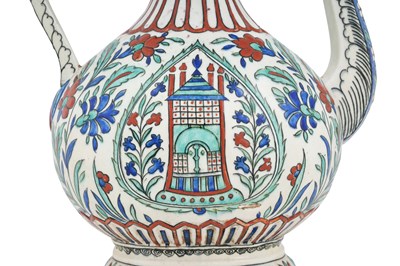 Lot 127 - A SAMSON IZNIK-STYLE POTTERY EWER WITH OTTOMAN JANISSARY AND ARCHITECTURE