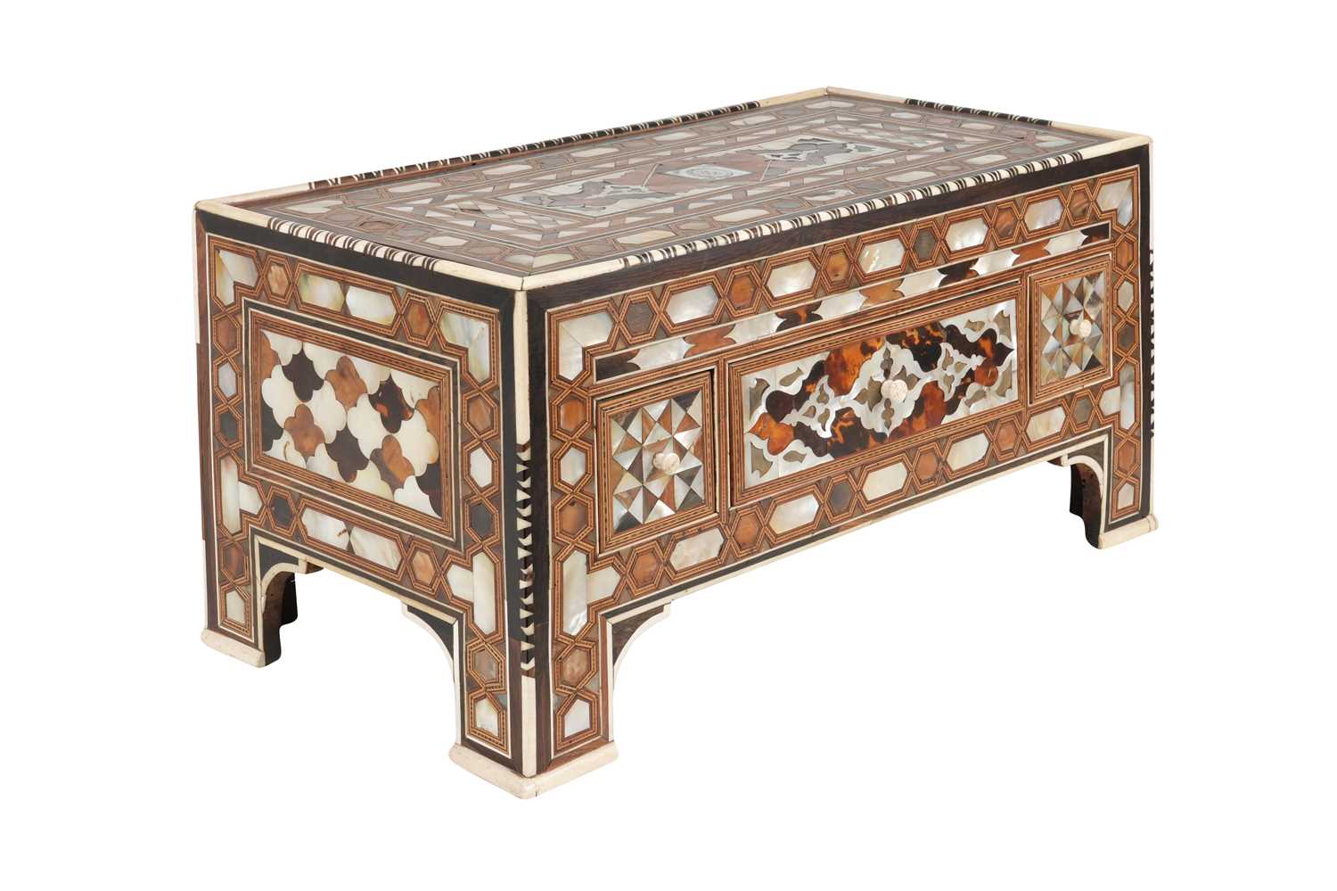 Lot 157 - λ AN OTTOMAN MOTHER-OF-PEARL, TORTOISESHELL AND BONE-INLAID WOODEN LOW CABINET