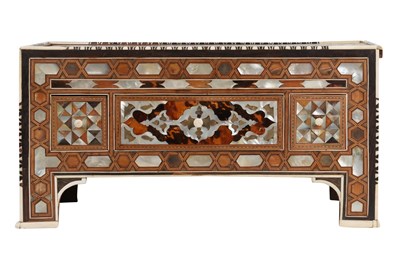 Lot 157 - λ AN OTTOMAN MOTHER-OF-PEARL, TORTOISESHELL AND BONE-INLAID WOODEN LOW CABINET