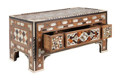 Lot 157 - λ AN OTTOMAN MOTHER-OF-PEARL, TORTOISESHELL AND BONE-INLAID WOODEN LOW CABINET