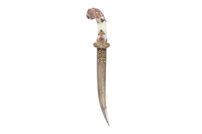 Lot 208 - A MUGHAL GEM-SET JADE-HILTED PISTOL GRIP KHANJAR DAGGER