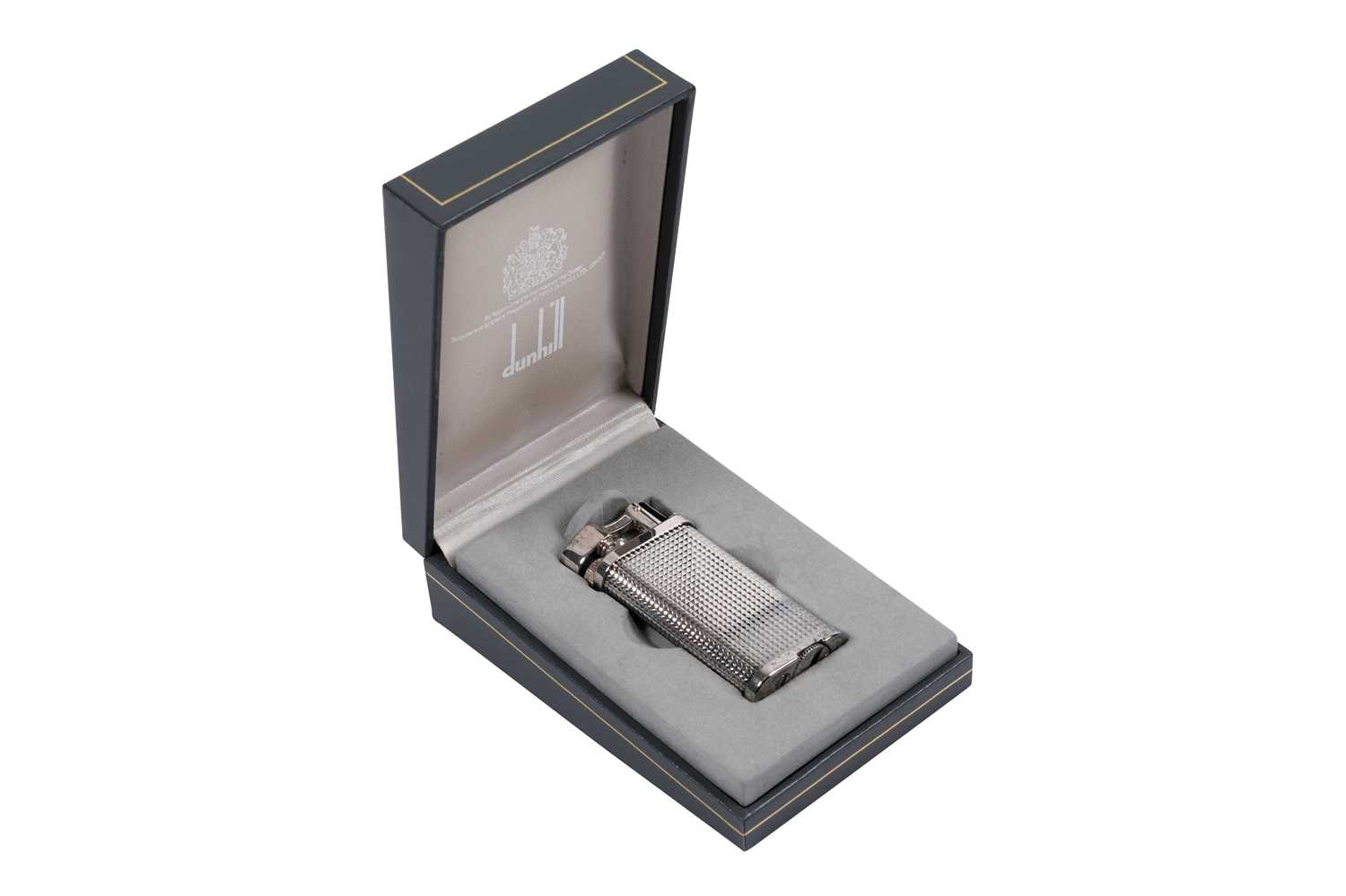 Lot 53 - DUNHILL “UNIQUE” SILVER PALTED LIGHTER WITH BOX AND PAPERS.