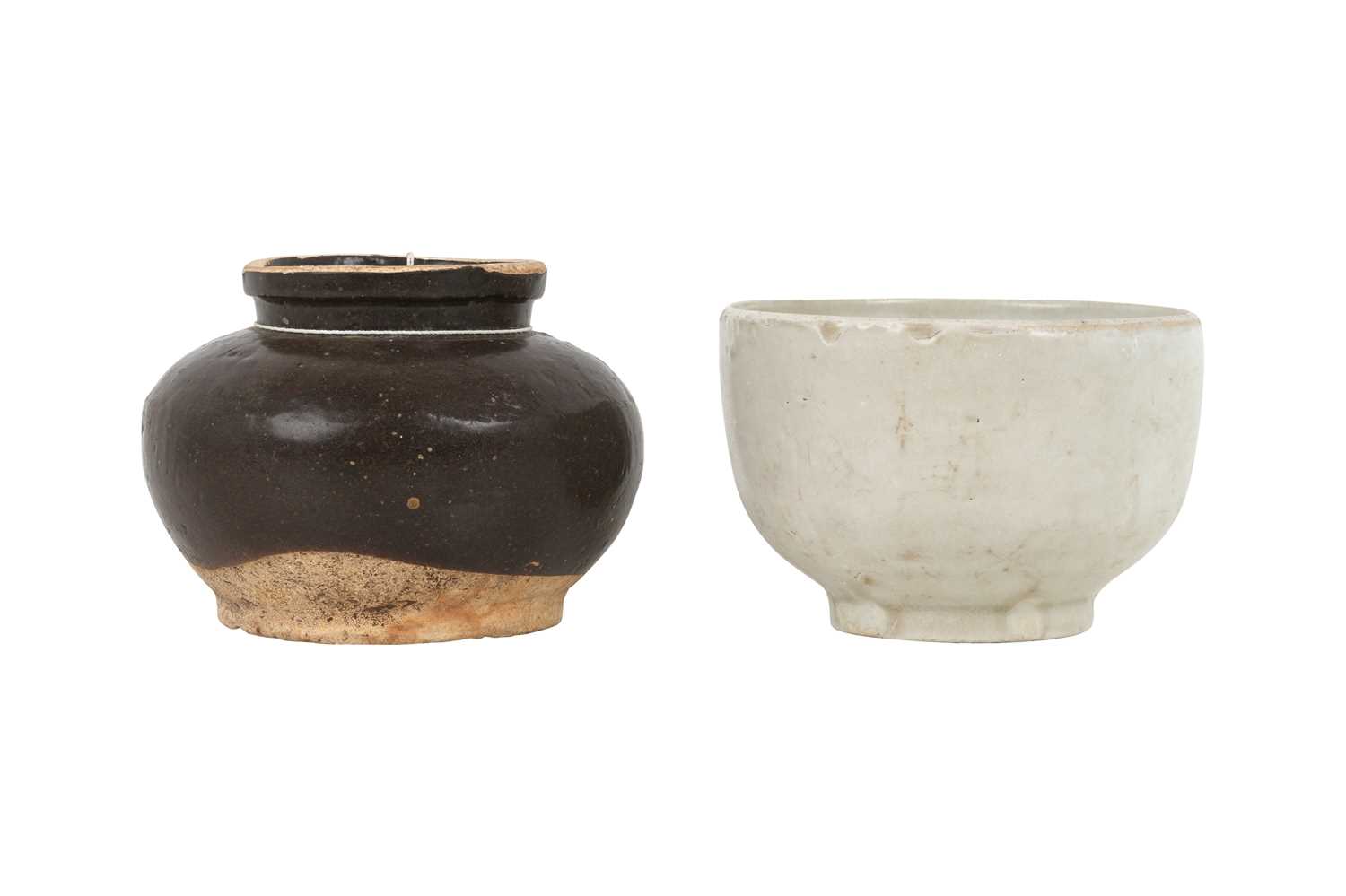 Lot 17 - A CHINESE WHITE-GLAZED SHUFU-STYLE BOWL AND A CIZHOU JAR