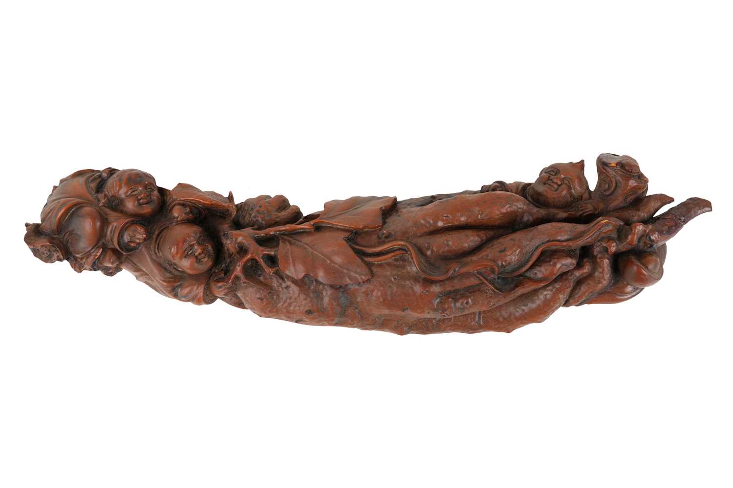 Lot 71 - A CHINESE BOXWOOD CARVING OF BOYS AND A FINGER CITRON