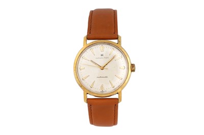 Lot 18 - A MEN'S HAMILTON GOLD PLATED AUTOMATIC WRISTWATCH.