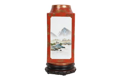 Lot 203 - A CHINESE FAMILLE ROSE CORAL-GROUND CONG-SHAPED 'LANDSCAPE' VASE