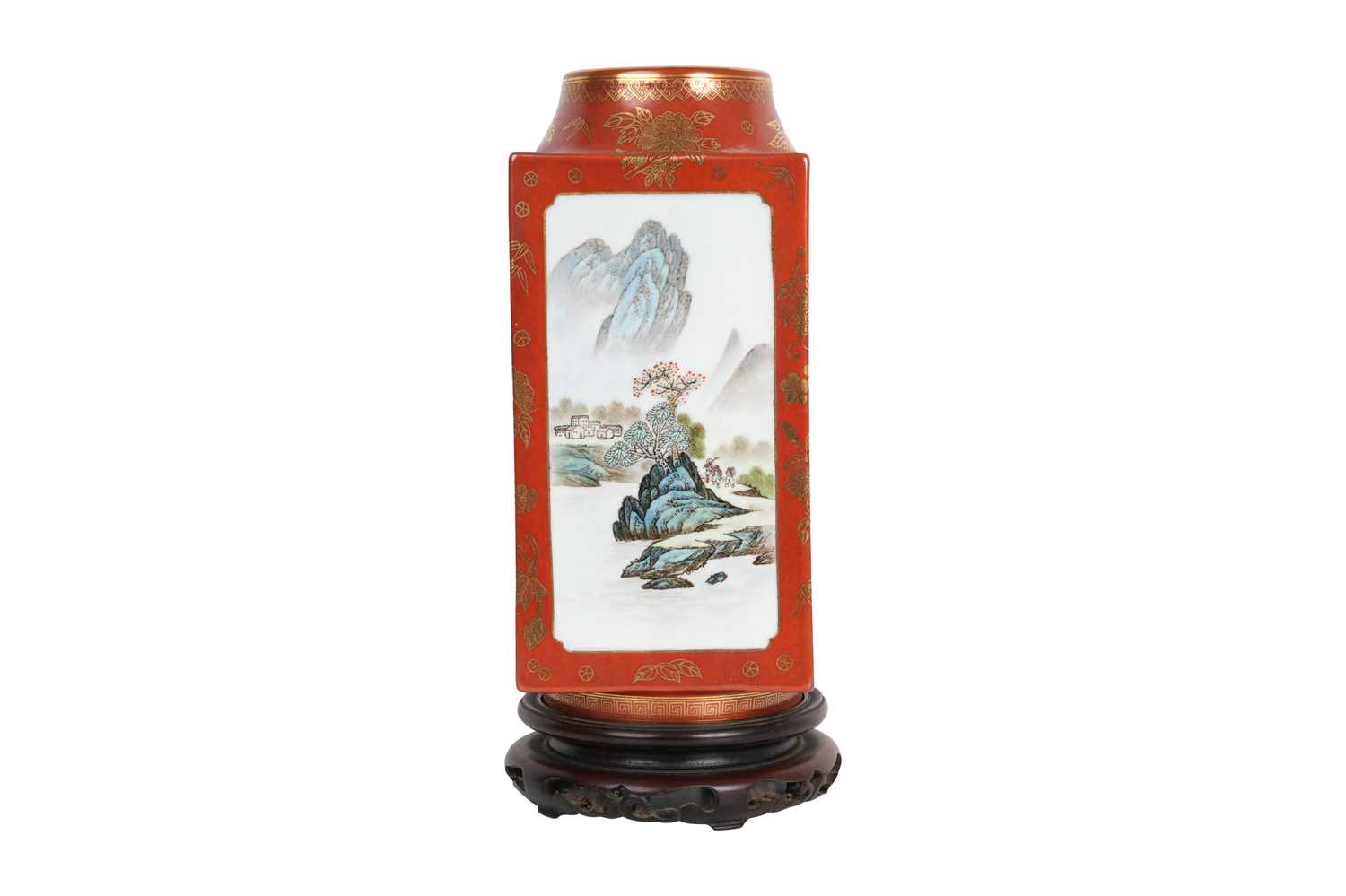 Lot 203 - A CHINESE FAMILLE ROSE CORAL-GROUND CONG-SHAPED 'LANDSCAPE' VASE