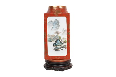 A CHINESE FAMILLE ROSE CORAL-GROUND CONG-SHAPED 'LANDSCAPE' VASE
