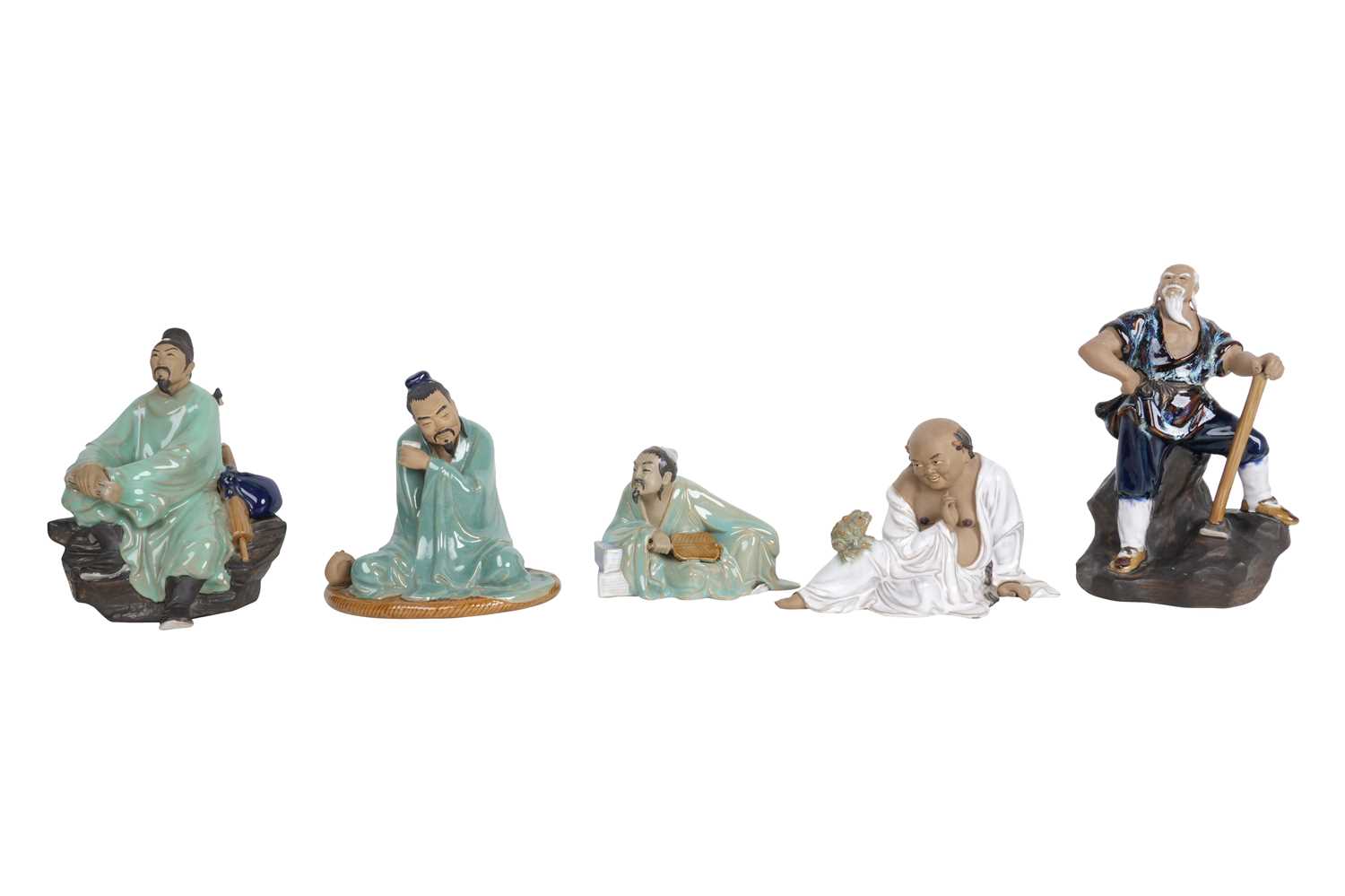 FIVE CHINESE 'MUD MEN' POTTERY FIGURES