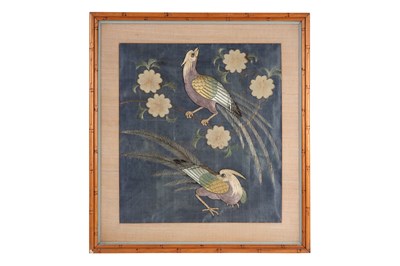 A CHINESE EMBROIDERED PANEL AND A TEXTILE-DECORATED FIGURAL PANEL