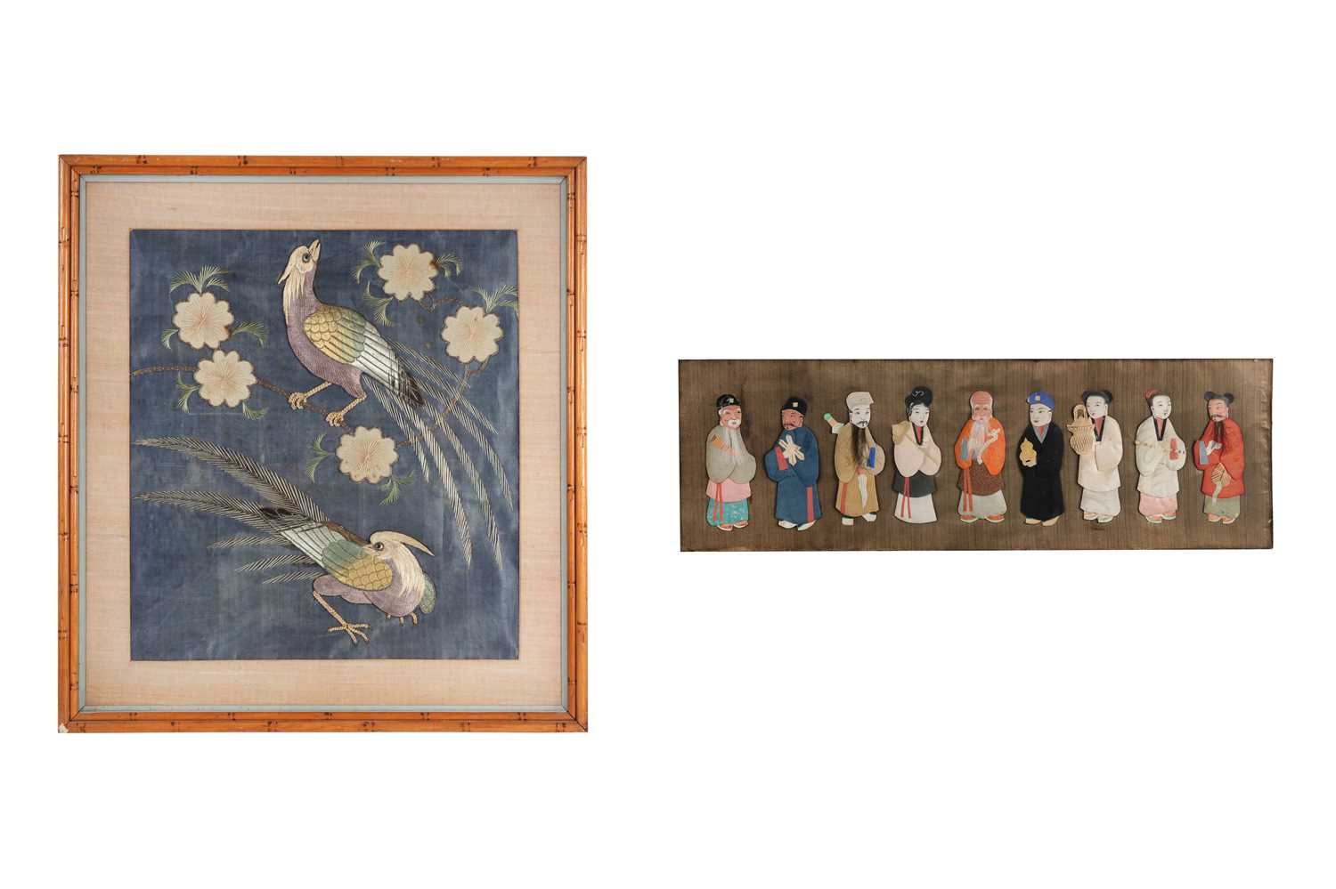 A CHINESE EMBROIDERED PANEL AND A TEXTILE-DECORATED FIGURAL PANEL
