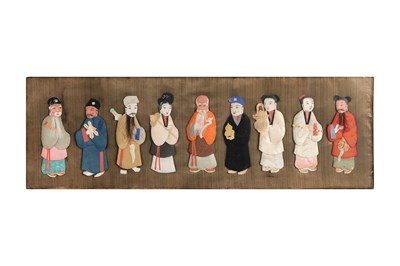 A CHINESE EMBROIDERED PANEL AND A TEXTILE-DECORATED FIGURAL PANEL