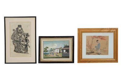 A CHINESE RICE PAPER PAINTING OF SILK PRODUCTION AND TWO OTHER PICTURES
