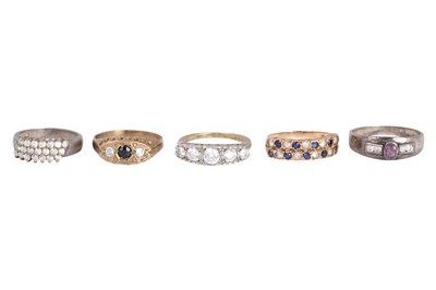 Lot 8 - TWO 9K GOLD RINGS AND THREE SILVER RINGS