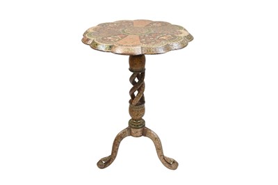 Lot 128 - A POLYCHROME-PAINTED AND LACQUERED PAPIER-MÂCHÉ TRIPOD SIDE TABLE WITH DIVS AND COURTLY COUPLES