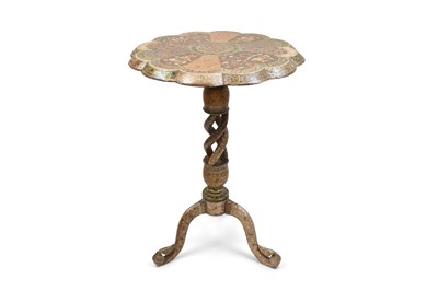 Lot 75 - A POLYCHROME-PAINTED AND LACQUERED PAPIER-MÂCHÉ TRIPOD SIDE TABLE WITH DIVS AND COURTLY COUPLES