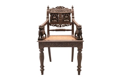 Lot 124 - A CARVED ROSEWOOD CHAIR WITH LORD SHIVA AND HIS CONSORT PARVATI (UMA)