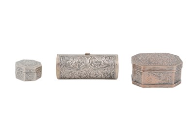 Lot 248 - THREE SMALL SOUTH EAST ASIAN SILVER REPOUSSÉ SNUFFBOXES