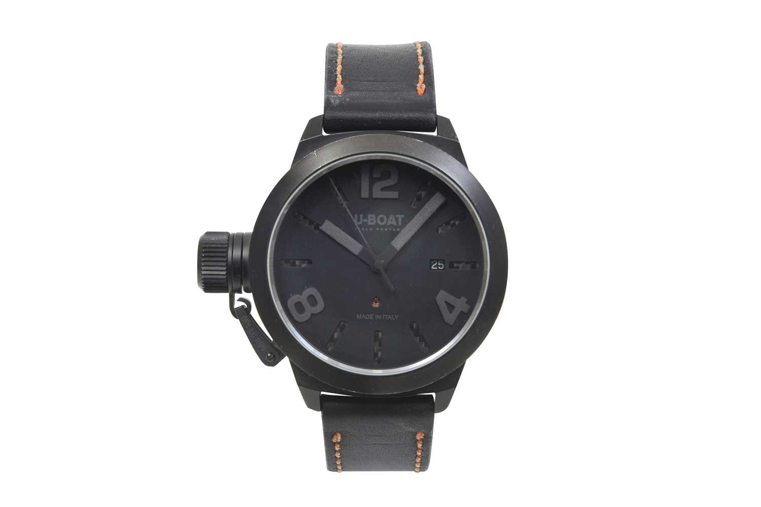 Lot 25 - A MEN'S ITALIAN U-BOAT STAINLESS STEEL WITH BLACK PVD AUTOMATIC WRISTWATCH
