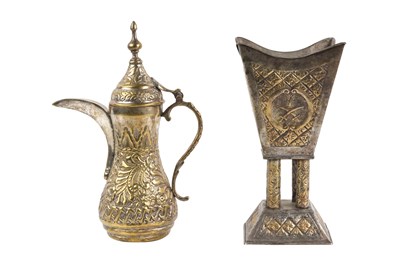 Lot 138 - A SAUDI TINNED BRASS DALLAH COFFEE POT AND BAKHOOR INCENSE BURNER