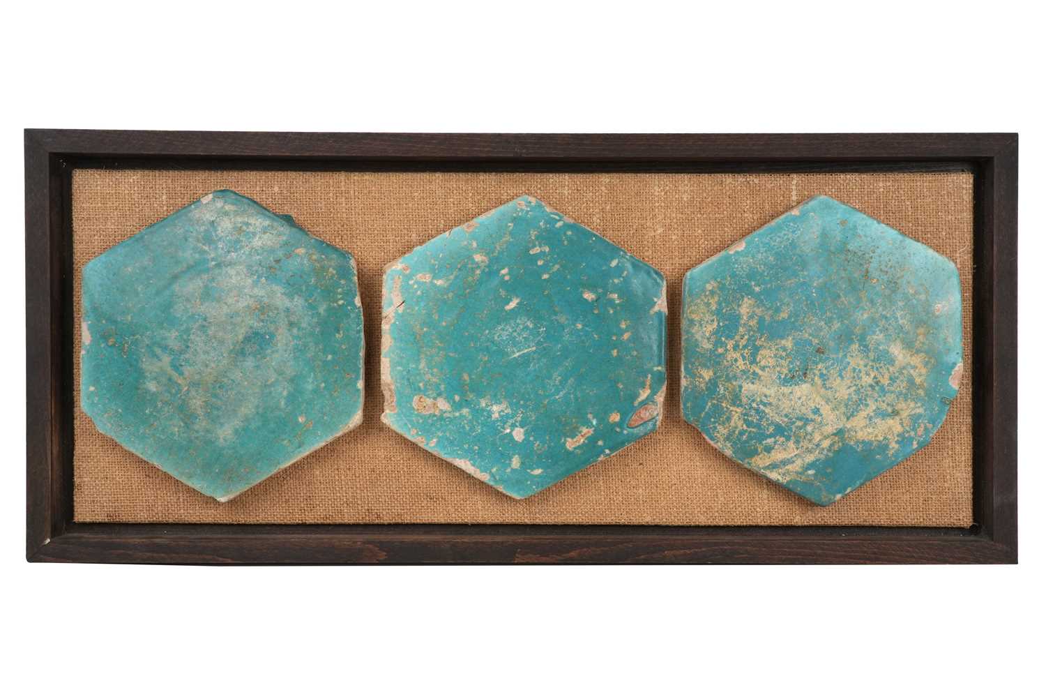 Lot 150 - THREE HEXAGONAL TURQUOISE MONOCHROME-GLAZED POTTERY TILES