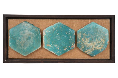 Lot 150 - THREE HEXAGONAL TURQUOISE MONOCHROME-GLAZED POTTERY TILES