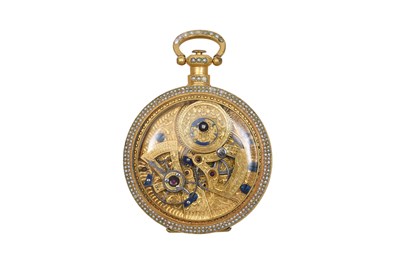 Lot 436 - AN EXTREMELY RARE BOVET GUILLOCHÉ ENAMEL AND PEARL OPEN FACE POCKET WATCH.